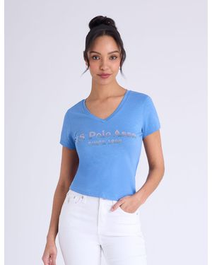U.S. POLO ASSN. Ombre V-Neck Strone Print T-Shirt - Blue