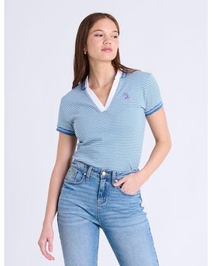 U.S. POLO ASSN. Tipped Split Neck Stripe Polo Shirt - Blue