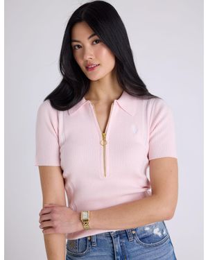 U.S. POLO ASSN. Rib Zip Sweater Polo Shirt - Pink