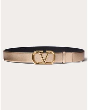 Valentino Garavani Vロゴ シグネチャー メタリック&シャイニーカーフスキン リバーシブルベルト 30mm 女性 ゴールド/ブラック - ナチュラル