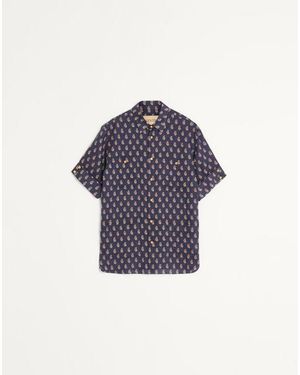 Valentino ヴォヤージュイマジネールプリント ライトウェイトリネン シャツ おとこ ネイビー/クリーム/レッド - ブルー