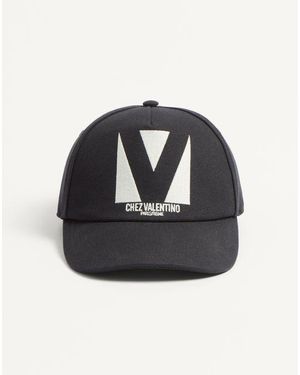 Valentino Garavani シェ ヴァレンティノ エンブロイダリー コットン ベースボールキャップ おとこ ブラック/アイボリー - ブルー