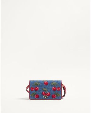 Valentino Garavani Vロゴ シグネチャー チェリーフィックエンブロイダリー デニム ミニ ショルダーバッグ 女性 デニム/マルチカラー - ホワイト