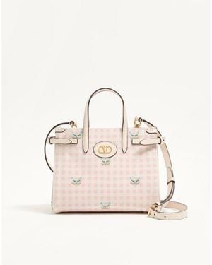 Valentino Garavani ヴァレンティノ ガラヴァーニ アンティーブ ヴィシー ル シャ デ ラ メゾン キャンバス スモール トート 女性 ピンク/アイボリー - ナチュラル