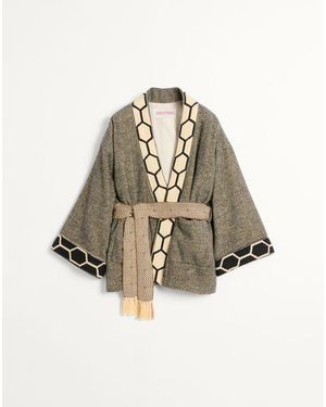 Valentino ウール混 ジャカードトリム ベルト ローブジャケット おとこ ブラウン/オークル/モスグリーン - ナチュラル