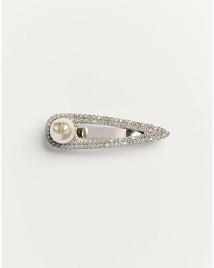Valentino Garavani Vロゴ シグネチャー メタル X スワロフスキー®クリスタル X パール タイクリップ おとこ パラジウム - ナチュラル