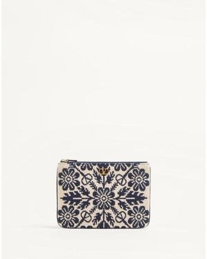 Valentino Garavani Vロゴ シグネチャー フローラルパターン ジャカードファブリック クラッチバッグ 女性 アイボリー/ブルー/サファイア - ホワイト