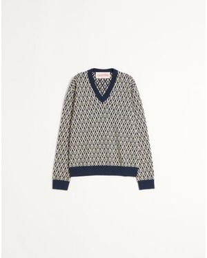 Valentino トゥッタラ V ジャカードパターン ウール セーター おとこ アイボリー/ネイビー 3xl - マルチカラー