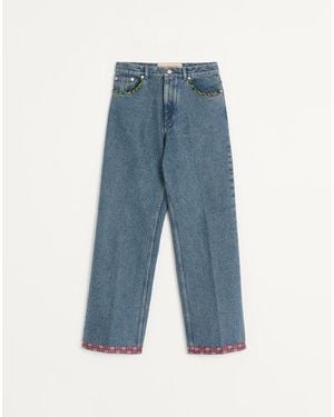 Valentino プリントボーダー付きデニム パンツ おとこ ブルー