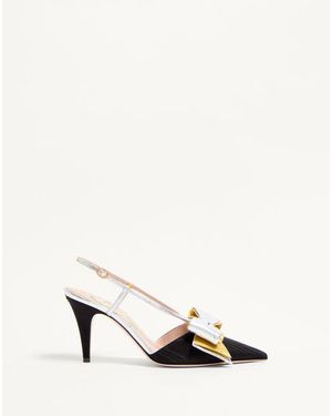 Valentino Garavani ボウワウ モアレファブリック スリングバック パンプス 85mm 女性 ブラック/シルバー/アンティークゴールド - ナチュラル