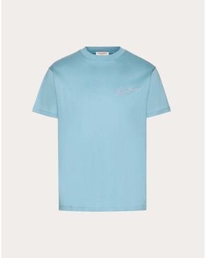 Valentino ヴァレンティノ エンブロイダリー X Vロゴ シグネチャー プリント コットン Tシャツ おとこ ストーン - ブルー