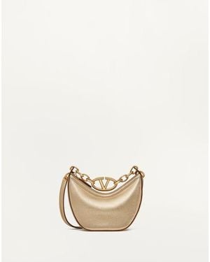 Valentino Garavani Vロゴ ムーン チェーン付き メタリックカーフスキン ミニ ホーボーバッグ 女性 メコン - ナチュラル