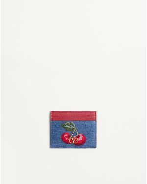 Valentino Garavani Vロゴ シグネチャー チェリーフィックエンブロイダリー デニム カードホルダー 女性 デニム/マルチカラー - ホワイト