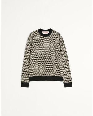 Valentino トゥッタラ V ジャカードパターン クルーネック ウール セーター おとこ ブラック/クリーム - マルチカラー