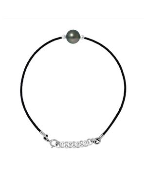 Diadema Bracelet Love Link Perle De Tahiti Ronde 8-9 Mm Lien Nylon Noir Argent 925 - Mettallic