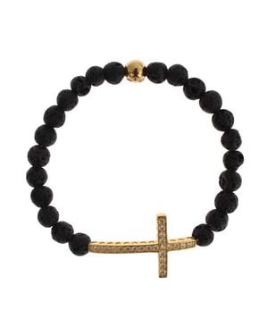 Nialaya Lavastein Gold Klar CZ Kreuz 925 Silber Armband - Schwarz