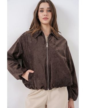 Bigdart Übergroße Samt Zip-Jacke Mit Taschen - Braun
