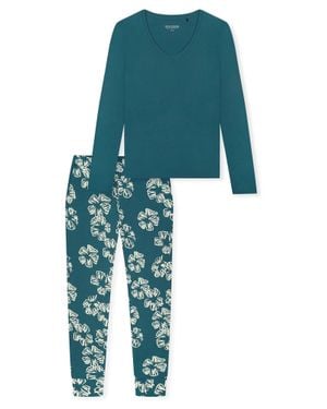 Schiesser Damen Pyjama Modernschlafanzug, Pyjama Set, Nachtwäsche - Blau