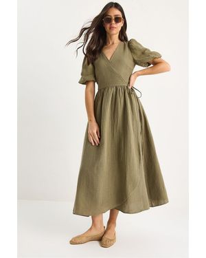 Bianco Lucci Strukturiertes V-Ausschnitt Midikleid Mit Wickelverschluss - Natur