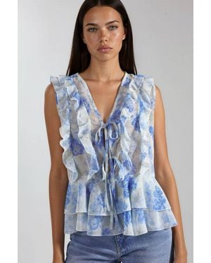 Hiccup Blumen V-Ausschnitt Chiffonbluse Mit Bindegürtel - Blau