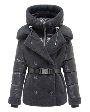 Navahoo Damen Teddy-Steppjacke Kuschelhäschen – Mit Abnehmbarer Kapuze & Gürtel - Schwarz