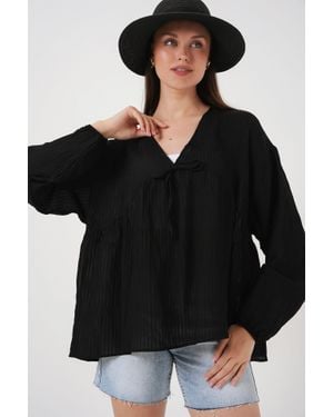 Bigdart Strukturierte Seersucker V-Ausschnitt-Bluse Mit Schleife - Schwarz