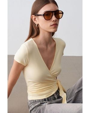 Dilvin Crop-Wrap-Bluse Mit Bindegürtel - Natur