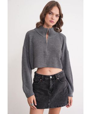 MixRay Strukturiertes Langarm-Pullover Mit Reißverschlusskragen - Grau