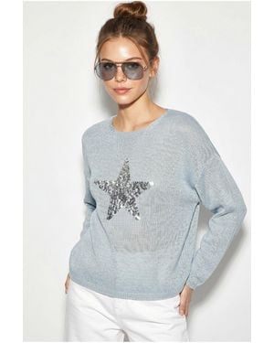 Bianco Lucci Damen Star Pailletten Rundhalsausschnitt Pullover - Blau