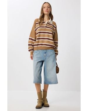 Happiness İstanbul Gestreifter Pullover Mit Polokragen - Blau