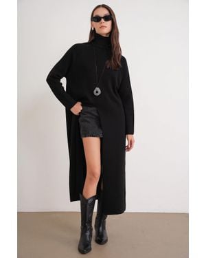 MixRay Rollkragen-Strick-Maxikleid Mit Schlitz - Schwarz