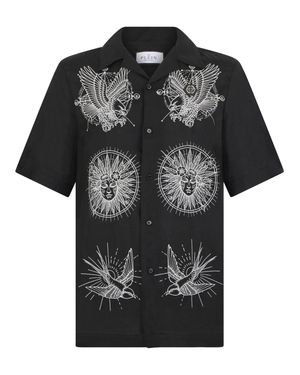 Philipp Plein Linen Bowling Shirt Tattoo Embroidery - Schwarz