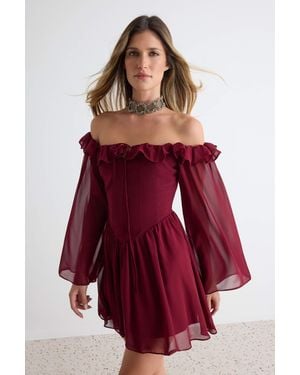 Trendyol Mi̇Lla Damen Einfarbig Kurz Mini Lang Ball Skater Kleider - Rot