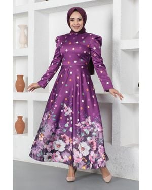 Turkishsouq Blumen Gepunktet Satin Abendkleid, Pflaume - Lila