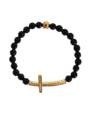 Nialaya Achat Stein Gold CZ Kreuz 925 Silber Armband - Schwarz