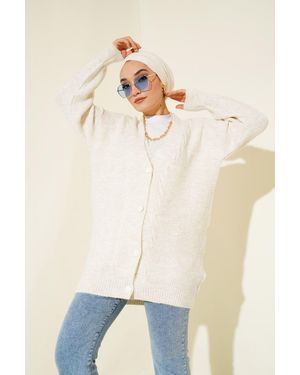 Bigdart Knopfverschluss V-Ausschnitt Jacquard-Strickjacke - Natur