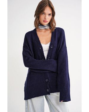 MixRay Knopfleiste V-Ausschnitt Rippstrickcardigan - Blau