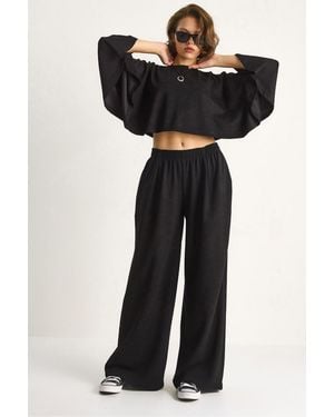 Bianco Lucci Strick-Crewneck-Longsleeve Mit Weitem Bein Zweiteiliges Set - Schwarz