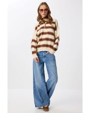 Happiness İstanbul Gestreifter Pullover Mit Polokragen - Blau