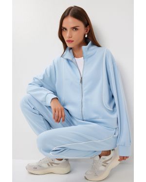 Happiness İstanbul Kontrastbesatz Detail Reißverschluss Sweatshirt & Jogginghose Zweiteiliges Set - Blau