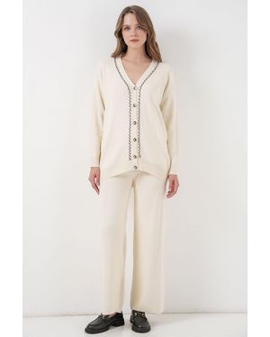 Bigdart V-Ausschnitt Cardigan Und Weit Geschnittene Hose Set - Natur