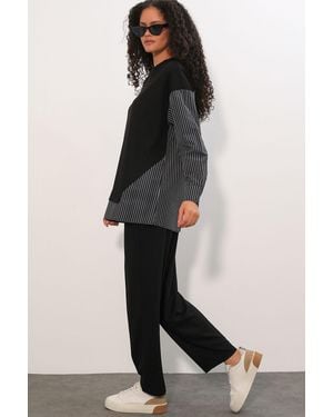 Bigdart Gestreiftes Langarm Crew Neck Zweiteiliges Set - Schwarz