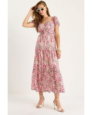 Bianco Lucci Midi-Kleid Mit Herzkragen Und Floralem Druck - Pink