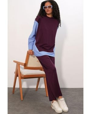 Bigdart Gestreiftes Langarm Crew Neck Zweiteiliges Set - Lila
