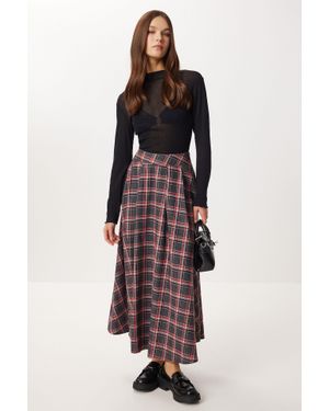 Happiness İstanbul Kariierter High-Waist Faltenrock Midi - Grau