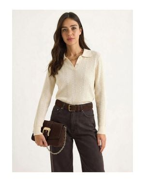 Bianco Lucci Strukturierter Polo-Kragen-Pullover - Natur