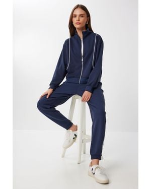 Happiness İstanbul Kontrastbesatz Detail Reißverschluss Sweatshirt & Jogginghose Zweiteiliges Set - Blau