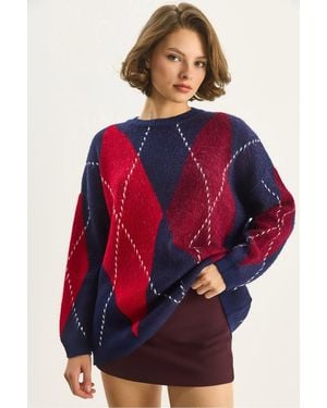 Bianco Lucci Oversized Pullover Mit Diamantförmigem Druck - Rot