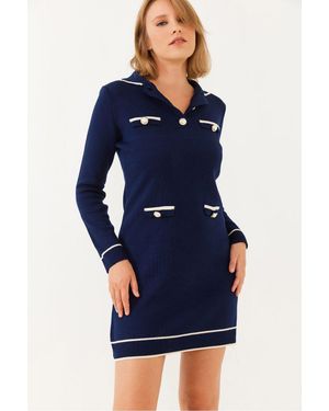 Bianco Lucci Rippstrickkleid Mit Hemdkragen - Blau