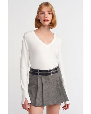 Dilvin Damen V-Ausschnitt Strickpullover Mit Seitlichem Schlitz - Grau